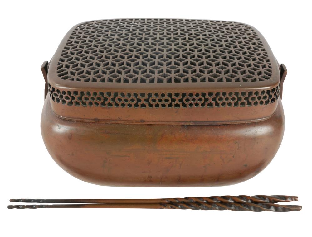 Appraisal: CHINESE BRONZE WARMERwith removable top and two sticks Provenance from