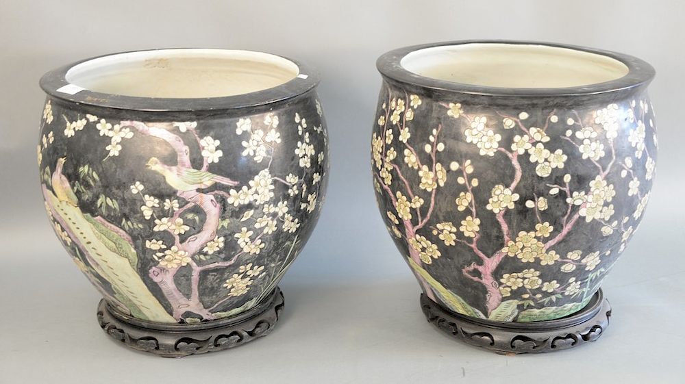 Appraisal: Pair of Chinese porcelain jardinieres on wood stands ht in