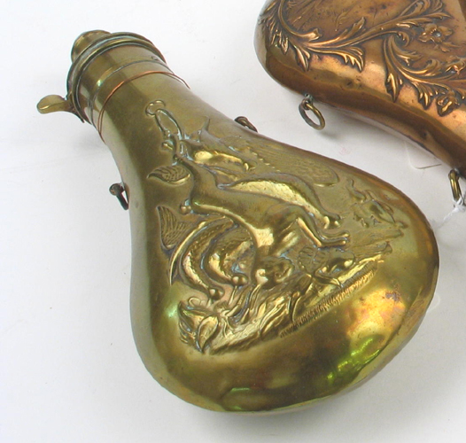 Appraisal: AN AMERICAN GUN POWDER FLASK of brass having hanging game