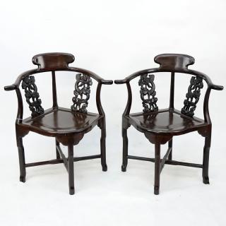 Appraisal: Pair of Antique Chinese Carved Rosewood Corner Chairs Dragon openwork