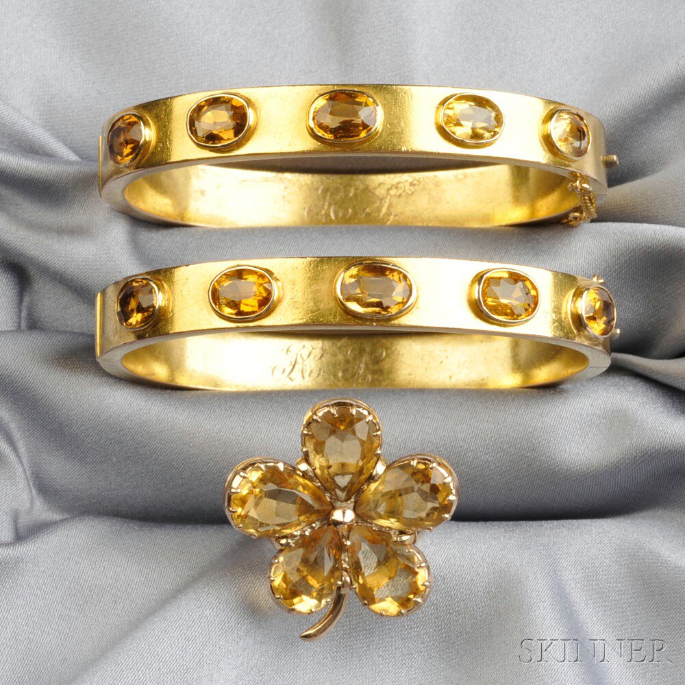 Appraisal: Pair of kt Gold and Citrine Bracelets each hinged bangle