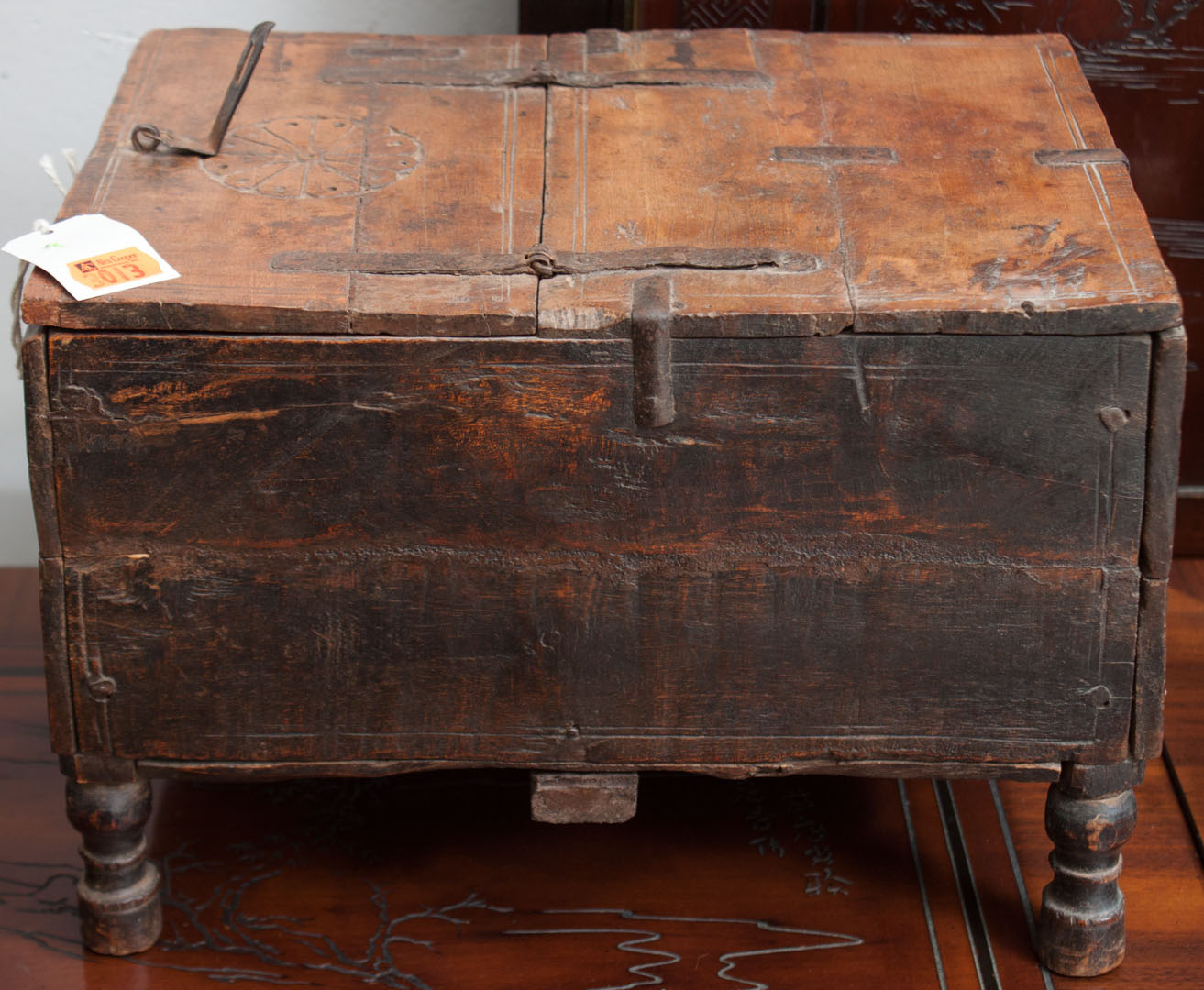 Appraisal: Pakistani or Indian wood coffer Condition Age wear cracks repairs