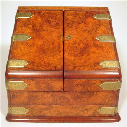 Appraisal: Edwardian burl walnut and brass mounted stationery cabinetTypical form the