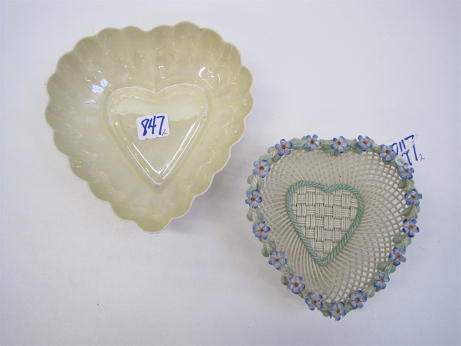 Appraisal: TWO PIECES OF IRISH BELLEEK Heart Basket with four strand