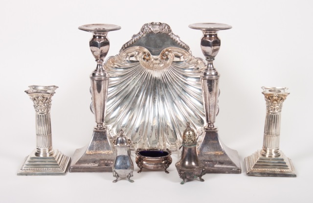 Appraisal: Seventeen assorted silver-plated articles including matching Corinthian column candlesticks matching