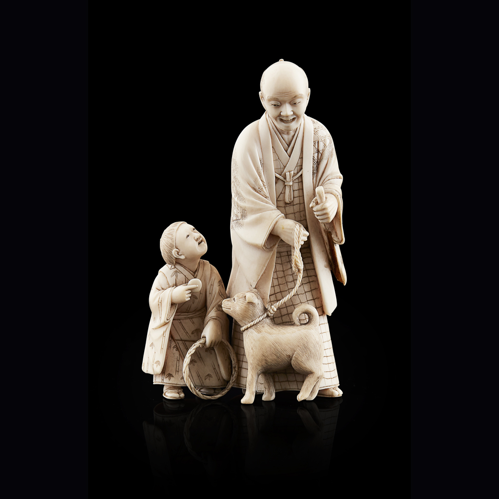 Appraisal: YCARVED IVORY OKIMONO FIGURAL GROUP SIGNED MUNEHARU MEIJI PERIOD depicting