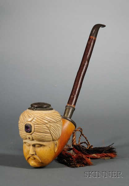 Appraisal: Large Carved and Jeweled Meerschaum Turk's Head Tobacco Pipe late