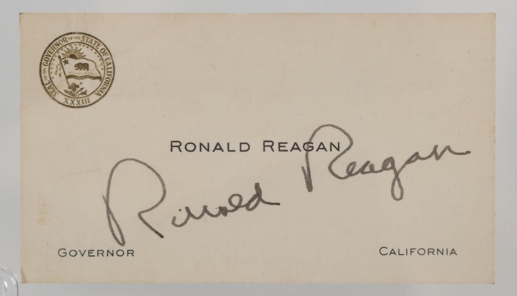 Appraisal: Governor of California business card signed by Ronald Reagan Unconditionally