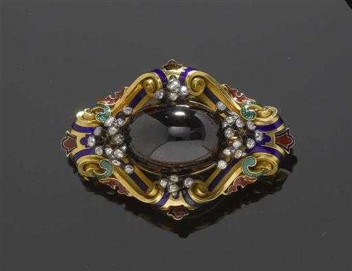 Appraisal: GARNET ENAMEL AND DIAMOND BROOCH ca Yellow gold and silver