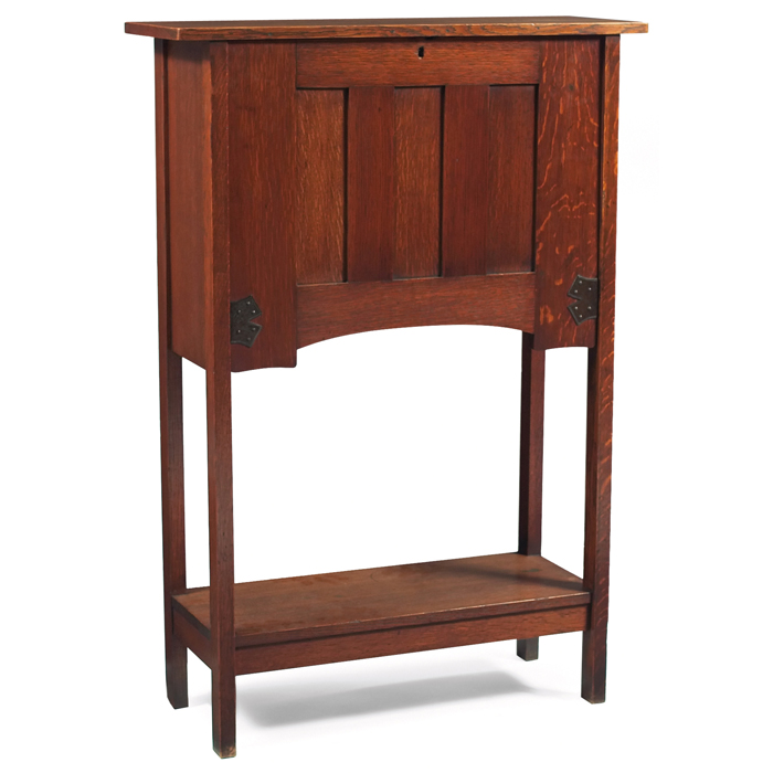 Appraisal: Unusual Gustav Stickley ladies' desk Japanese-influenced paneled drop-front form with