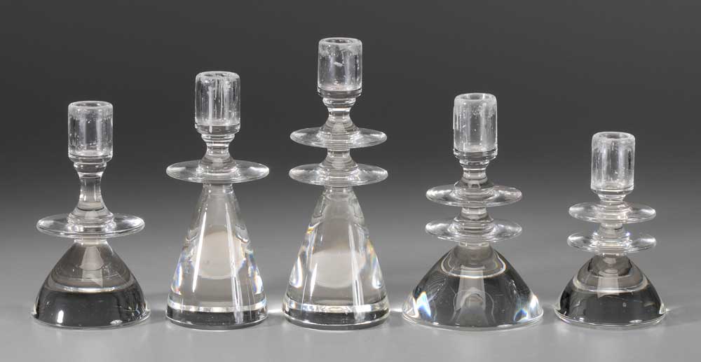 Appraisal: Set of Five Steuben Candlesticks American th century clear glass