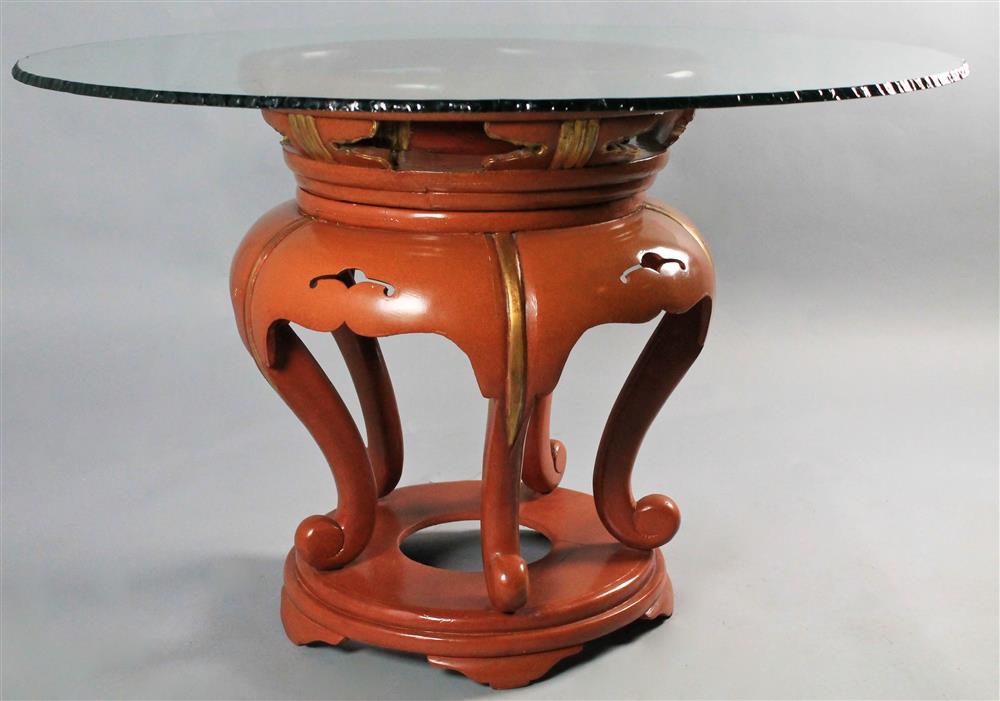 Appraisal: JAPANESE RED LACQUER TABOOURET WITH CIRCULAR GLASS TOP top dia