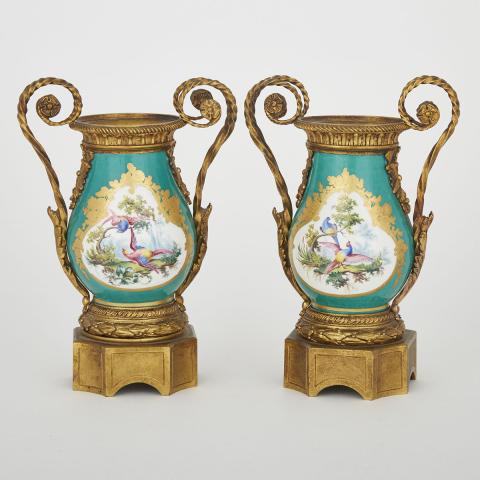 Appraisal: Pair of Ormolu Mounted S vres Green Ground Vases late