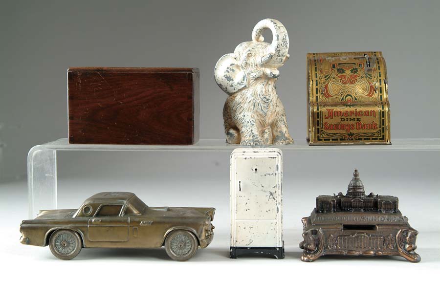 Appraisal: LOT OF SIX MISC STILL BANKS Lot includes a tin