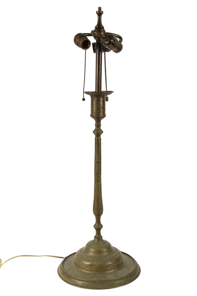 Appraisal: PERSIAN BRASS CANDLESTICK AS LAMP - Large Spun and Engraved