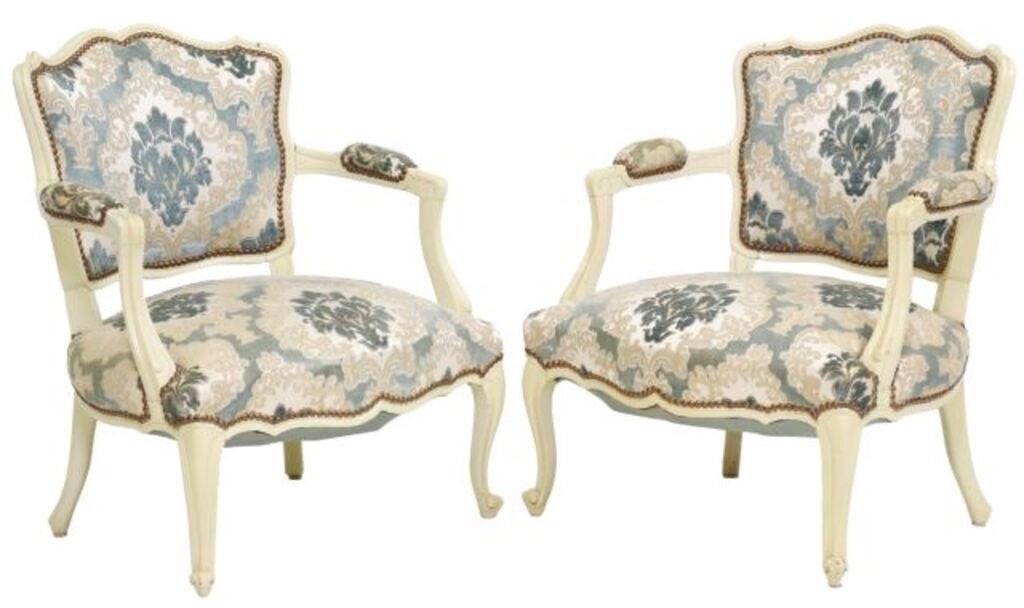 Appraisal: pair French Louis XV style painted armchairs th c shaped