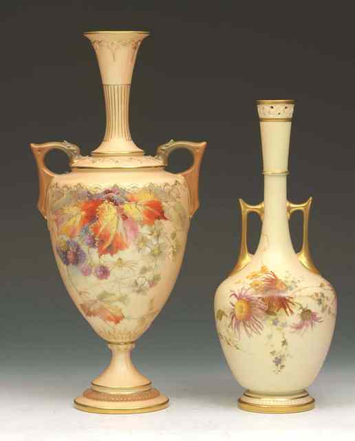 Appraisal: A ROYAL WORCESTER TWO HANDLED VASE with slender tapering neck