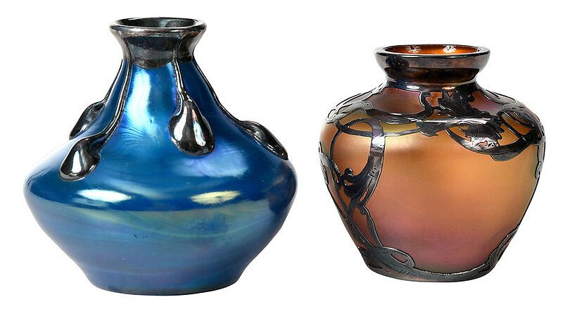 Appraisal: Two Art Glass Iridescent Vases Continental American early th century