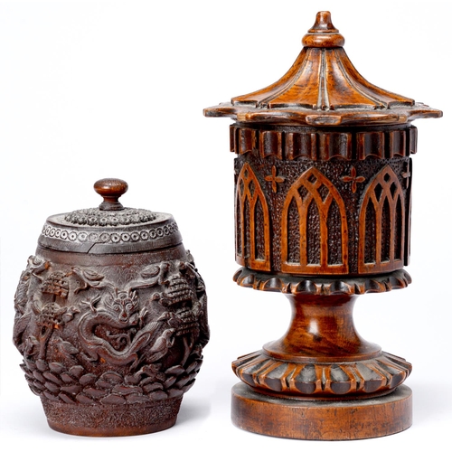 Appraisal: A Victorian gothic lead lined oak tobacco jar and cover