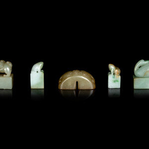 Appraisal: Five Chinese Jade and Jadeite Seals carved with animal-form finials