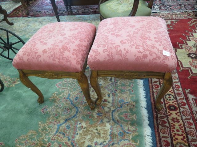 Appraisal: Pair of Mahogany Footstoools salmon floral brocade