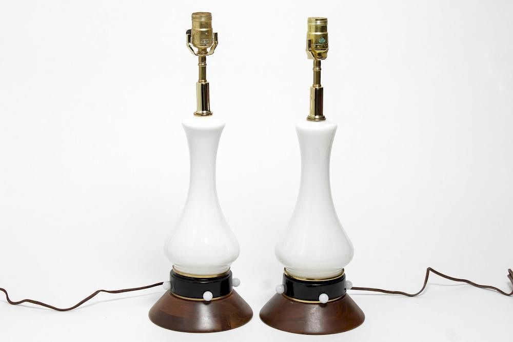 Appraisal: Mid-Century Modern Teak White Glass Lamps Pair Mid-Century Modern lamps