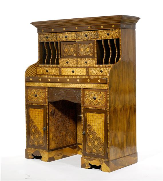 Appraisal: A SMALL WRITING SECRETARY DESK Baroque style colonial Richly inlaid