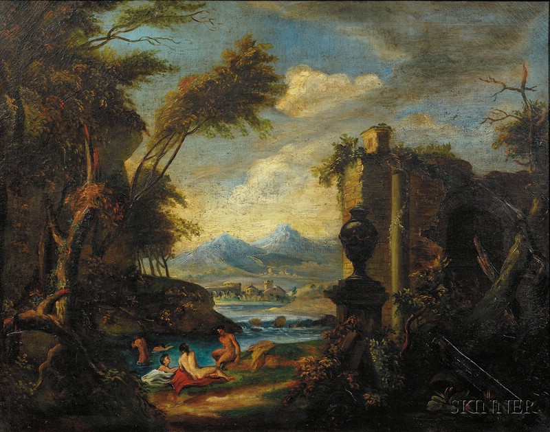 Appraisal: Italian School th Century Bucolic View with Bathers and Ruins