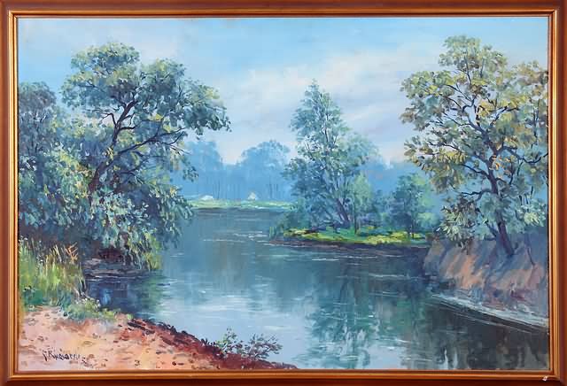 Appraisal: River landscape with three large trees at the edge of