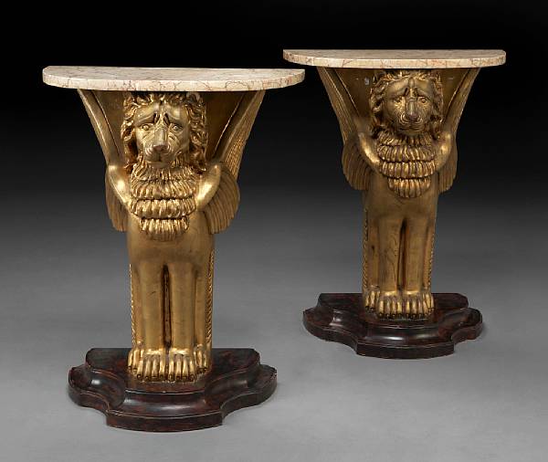 Appraisal: A pair of Neoclassical style carved giltwood console tables Each