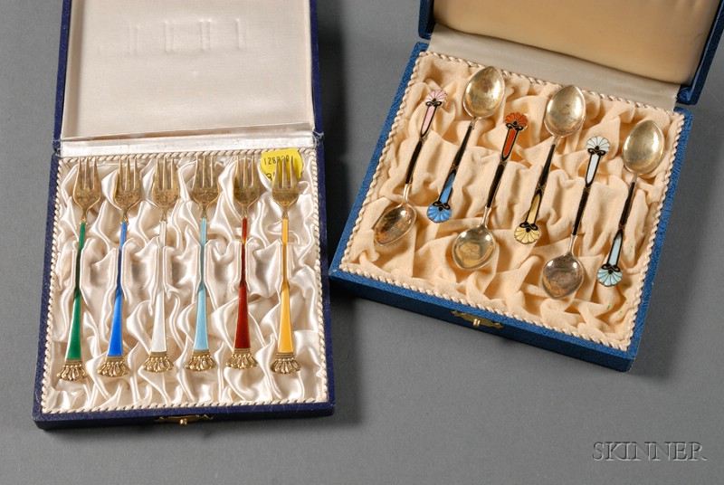 Appraisal: Two Sets of Boxed Scandinavian Gold-washed and Enameled Sterling Flatware