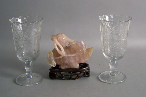 Appraisal: Carved pink jade duck h w together with a pair