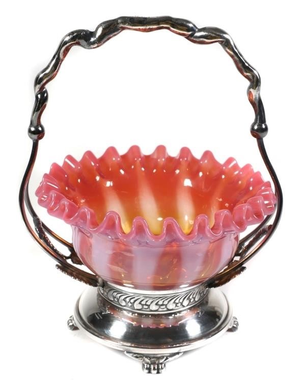 Appraisal: Victorian art glass ruffled basket with opalescent vanes Signed Pairpoint