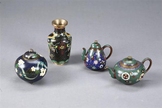 Appraisal: FOUR MINIATURE CLOISONNE ITEMS Asian th century enamel and brass