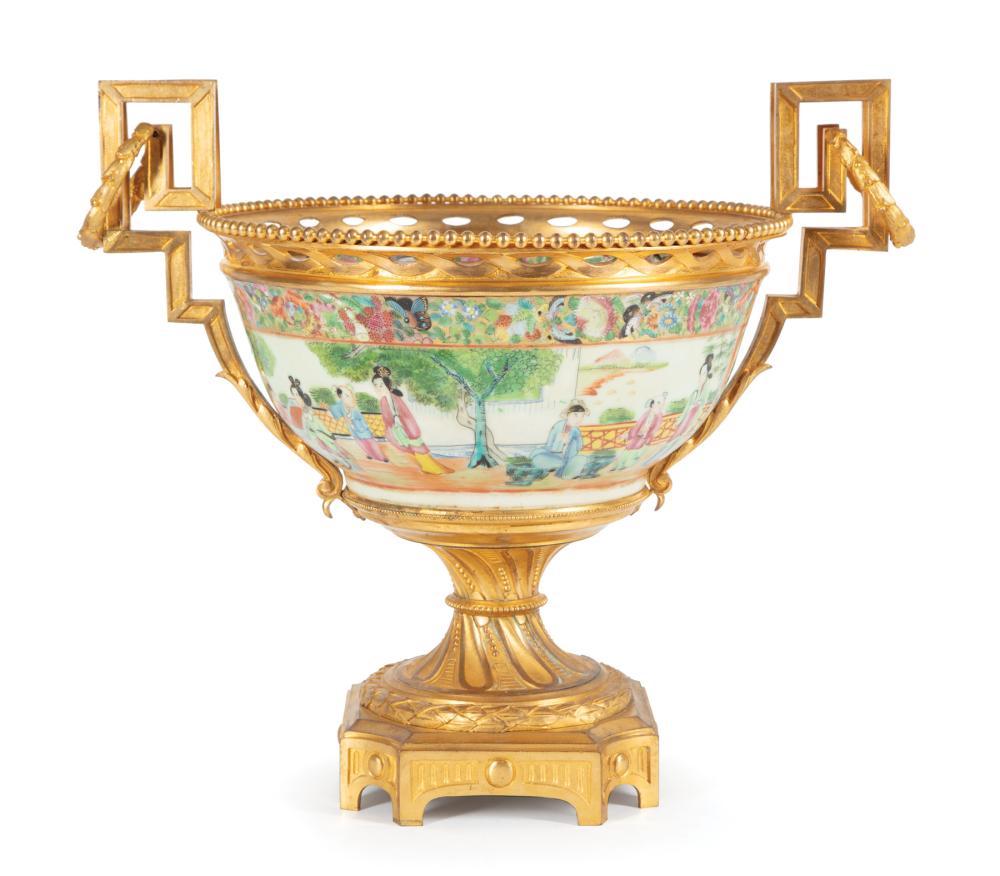 Appraisal: Louis XVI-Style Gilt Bronze-Mounted Chinese Export Famille Rose Porcelain Bowl