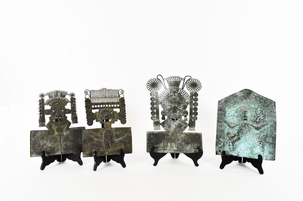 Appraisal: FOUR MEXICAN PATINATED COPPER PLAQUESThree decorated as deities with elaborated