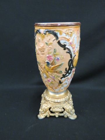 Appraisal: Majolica Pottery Vase cherub bird and floral bronzed base