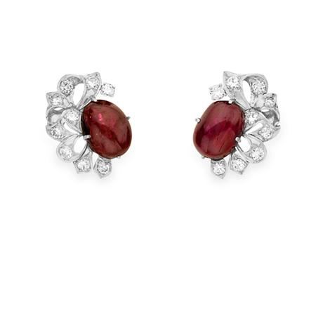 Appraisal: Pair of Cabochon Ruby and Diamond Earclips Estimate -