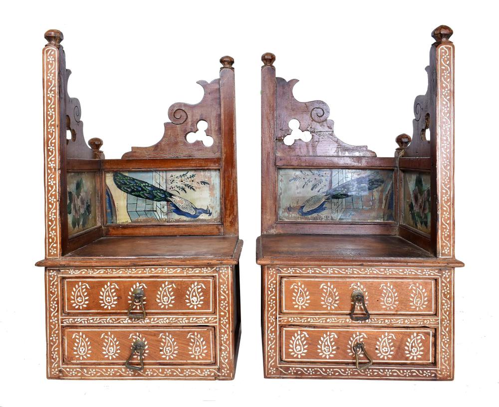 Appraisal: PAIR PAINTED INLAID WOOD HANGING CORNER CABINETSIndian or Philippines Set