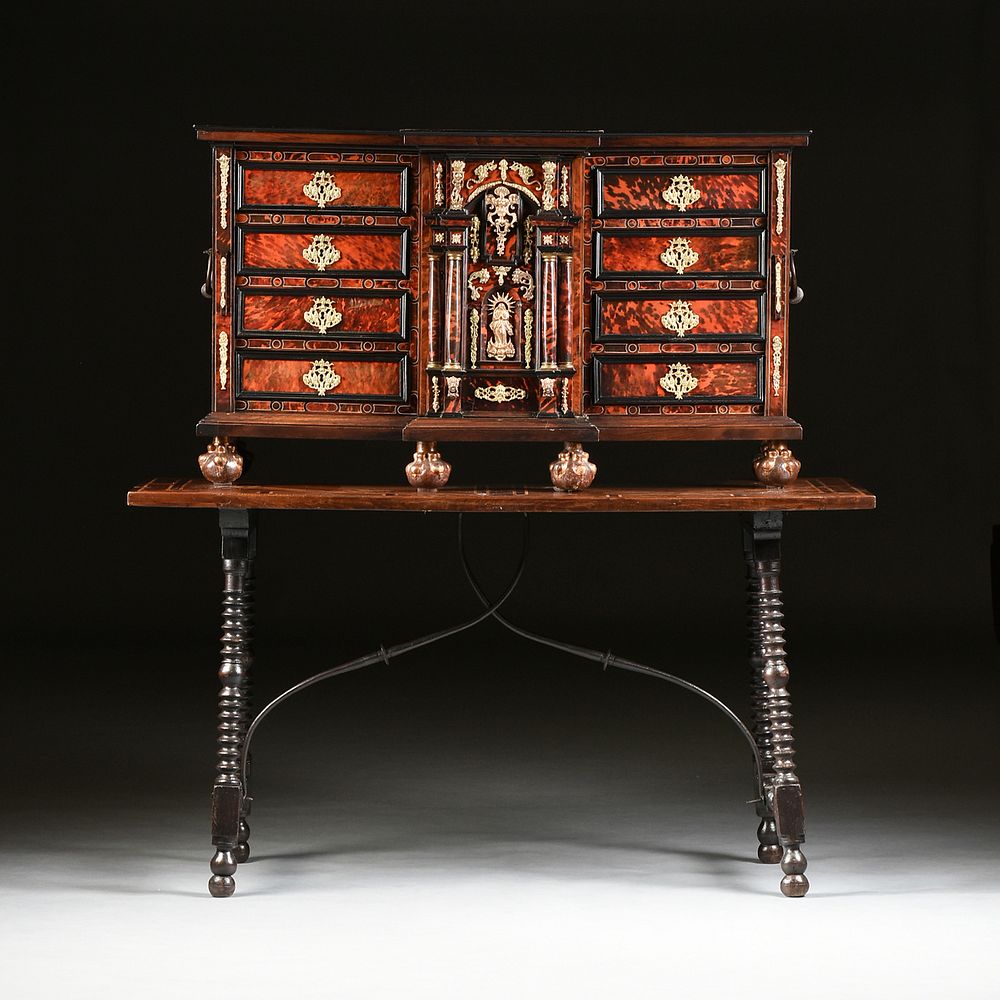 Appraisal: AN IBERIAN EBONIZED INLAID OAK AND FRUITWOOD PAPELEIRA VARGUE O