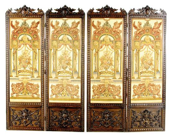 Appraisal: Continental oak and tapestry-mounted four-panel floor screen late th century