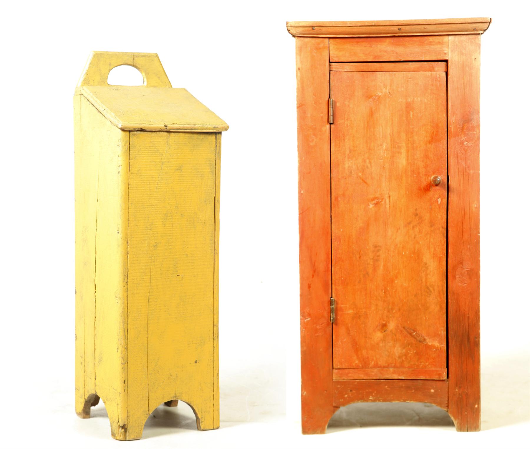 Appraisal: PAINTED BIN AND CUPBOARD American th century softwood Diminutive cupboard