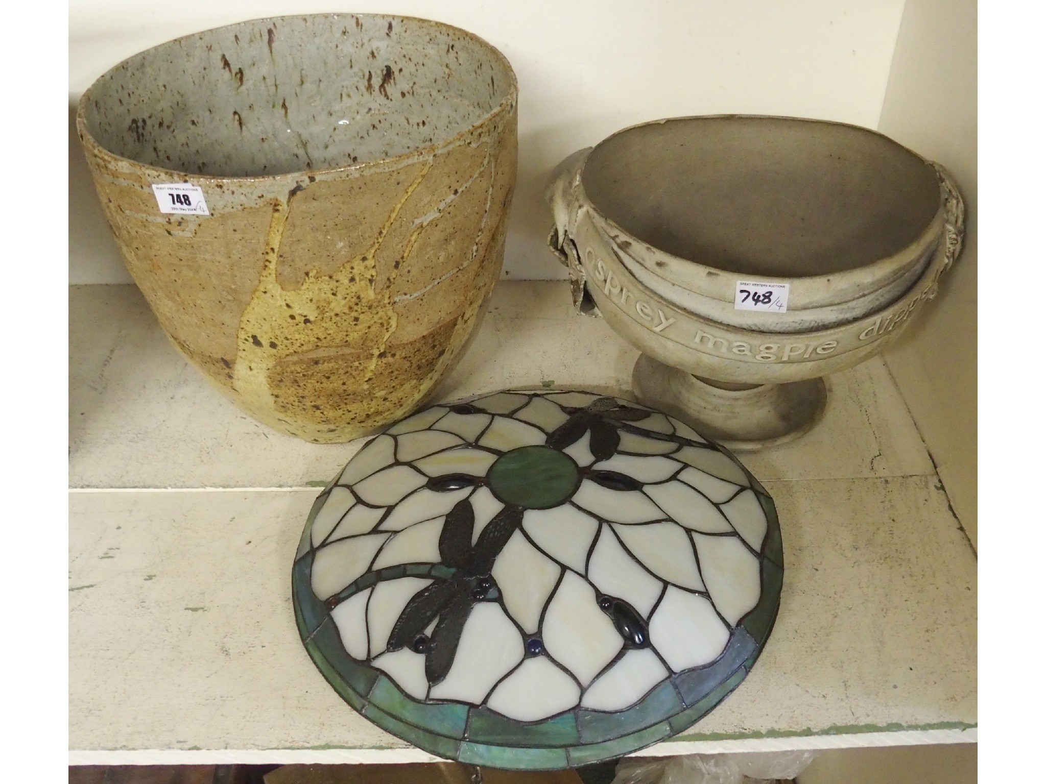 Appraisal: A ceramic planter ceramic bowl and two Tiffany style light