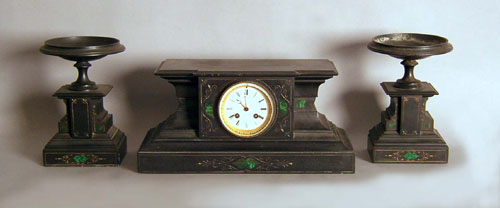 Appraisal: Slate clock garniture late th c retailed by Ball Black