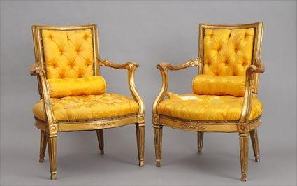 Appraisal: PAIR OF ITALIAN NEOCLASSICAL GILTWOOD ARMCHAIRS With padded backs and