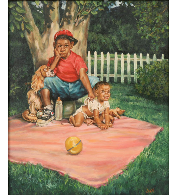 Appraisal: Derrick Woodford American b The Baby Sitter oil on canvas