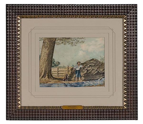 Appraisal: DOG AND BOY FISHING WATERCOLOR TITLED COMPANIONS American School ca