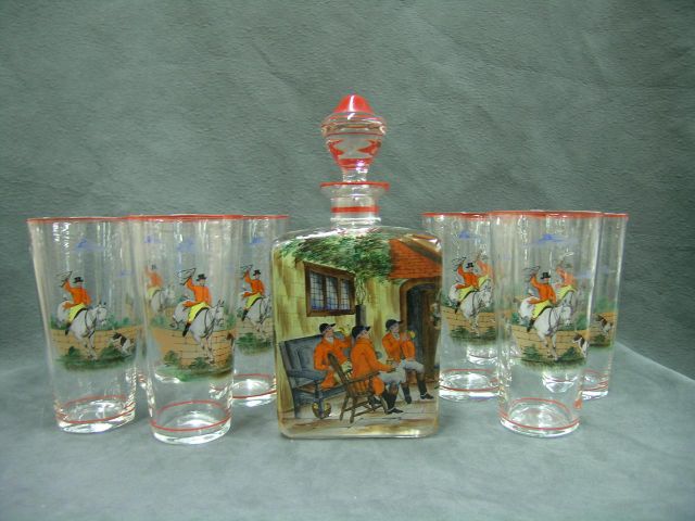 Appraisal: Hand Painted Vintage Decanter and Tumblers Depicting Fox Hunters Includes