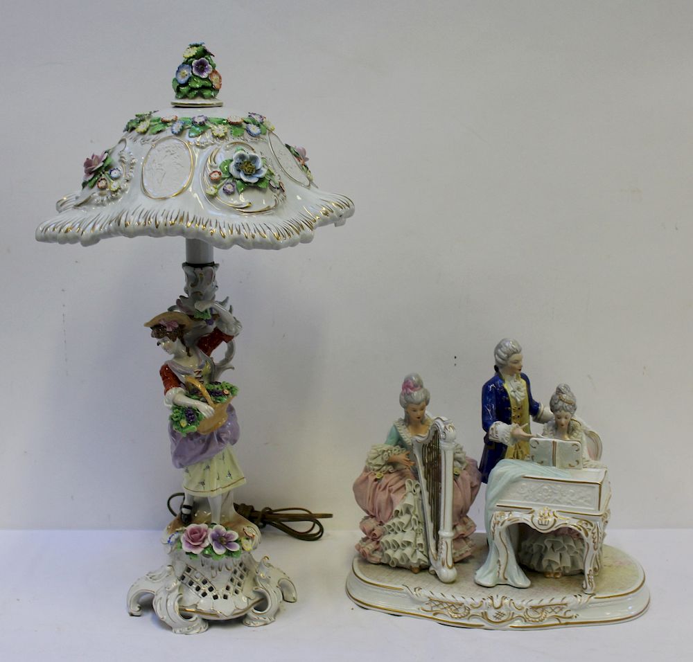 Appraisal: Dresden Porcelain Umbrella Form Lamp Together With a Figural Grouping