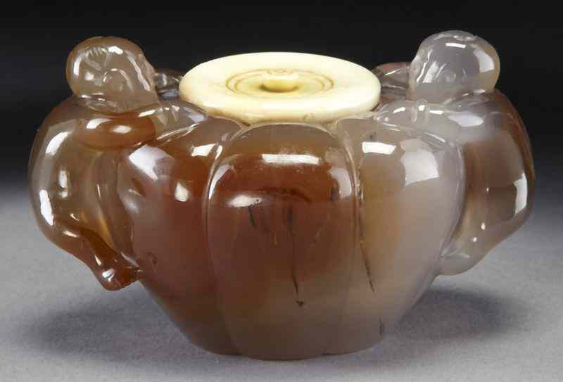 Appraisal: Chinese Qing carve agate water pot with ivory lid International